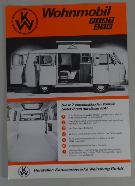 Prospektblatt Weinsberg / Fiat 238 Wohnmobil mit Händlerstempel | Stand 04/1972