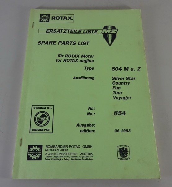 Teilekatalog Rotax Motor Typ 504 M u. Z Silver Star, Country, Fun, Tour, Voyager