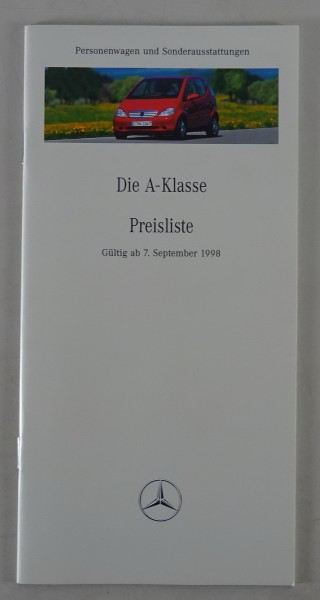 Preisliste Mercedes Benz A-Klasse W169 gültig ab 07/09/1998