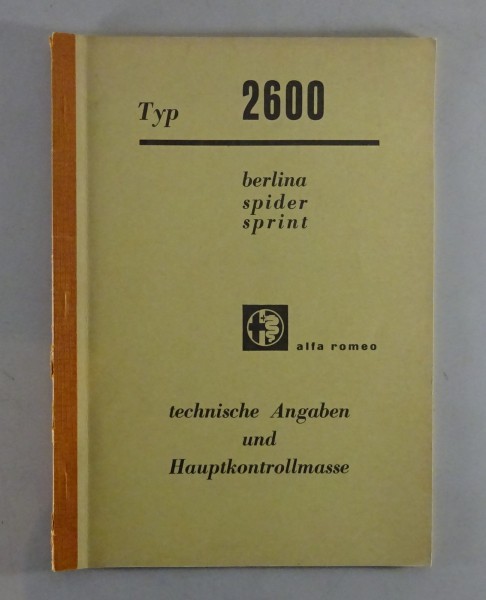 Werkstatthandbuch Technische Daten Prüfwerte Alfa Romeo Berlina, Spider, Sprint