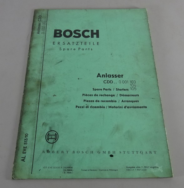 Teilekatalog Bosch Anlasser CCD.. 0 001 103.. / 104.. / 105.. Stand 03/1968