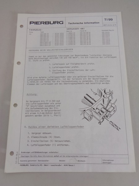 Technische Information Pierburg Vergaser 4A1 für Mercedes W114 & W116 04/1979