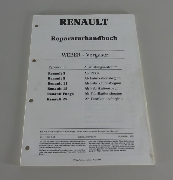 Reparaturanleitung Zenith Vergaser für Renault 5 9 11 18 Fuego 25 Stand 02/1985