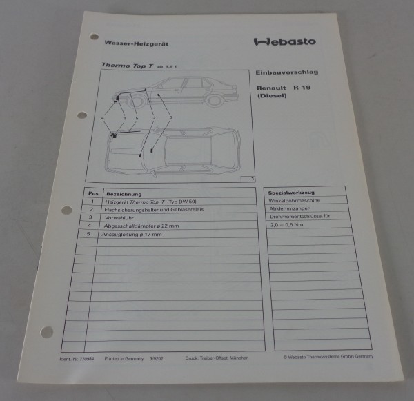 Einbauanweisung Webasto Standheizung Thermo Top T Renault R 19 Diesel Stand 1992