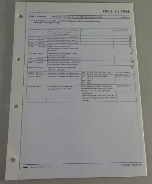 Schaltplan Mercedes W204 Dachbedieneinheit (DBE) außer CODE (414) Typ 204 12/10