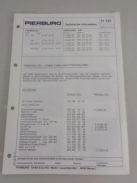 Technische Information Pierburg Vergaser für Mercedes W123 & W114 von 07/1981