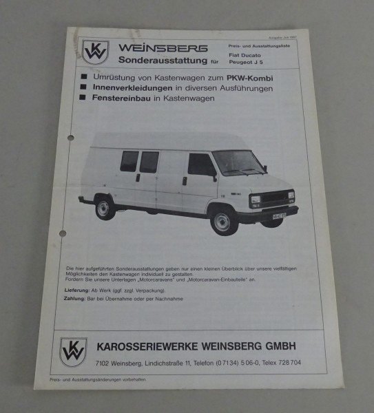 Prospekt Weinsberg Sonderausstattung für Fiat Ducato & Peugeot J5 Stand 05/1989