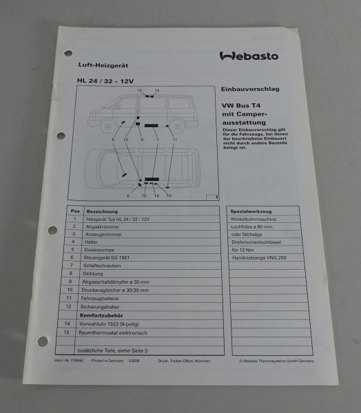 Einbauanweisung Webasto Standheizung HL 24 / 32 - 12V VW Bus T4 Stand 03/1992