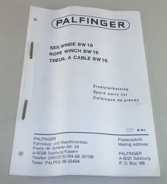 Teilekatalog / Spare Parts List Palfinger Seilwinde BW 16 Stand 06/1981