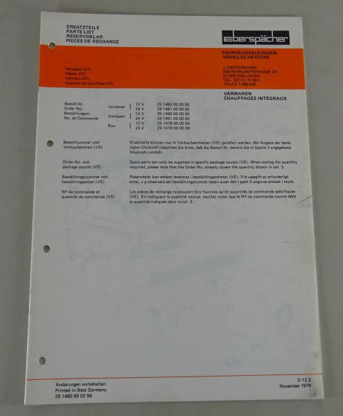 Teilekatalog / Ersatzteilliste Eberspächer Heizgeräte D7L Stand 11/1979