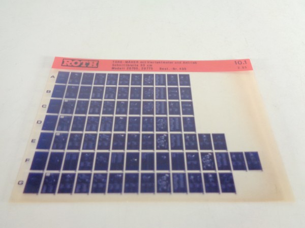 Microfich Teilekatalog Roth Toro Mäher Modelle 20705, 20775 von 02/1985