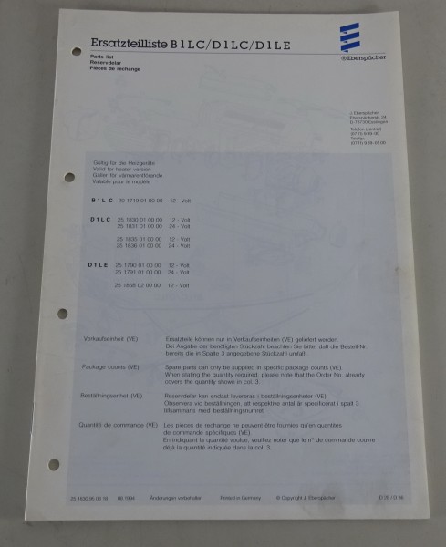 Teilekatalog Eberspächer Heizgeräte B1LC / D1LC / D1LE Stand 08/1994