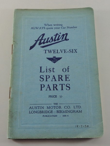 Teilekatalog / Spare Parts list Austin Twelve-Six Stand 03/1934