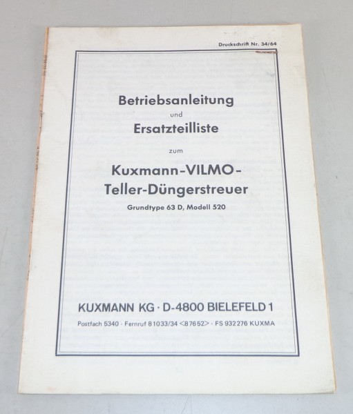 Betriebsanleitung + Teilekatalog Kuxmann Vilmo Teller Düngerstreuer