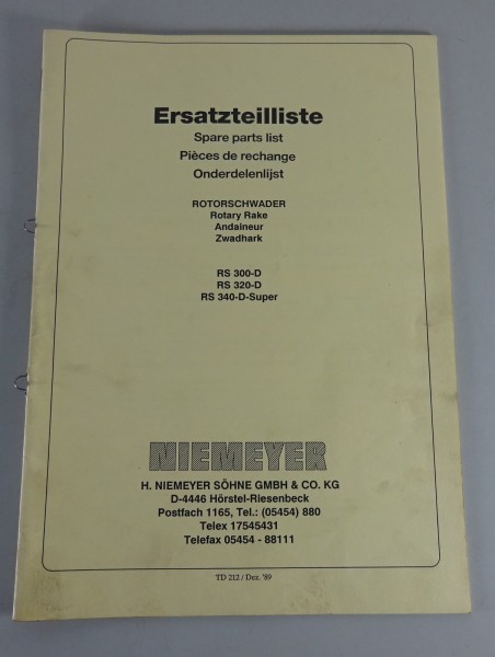 Teilekatalog Niemeyer Rotorschwader RS 300-D / 320-D / 340-D-Super Stand 12/1989