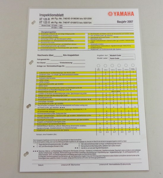 Inspektionsblatt Yamaha XT 125 R / XT 125 X Stand 2007