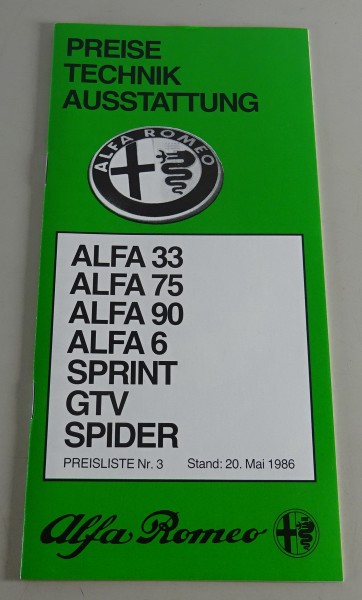 Prospekt Preise & Ausstattungen Alfa Romeo 33, 75, 90, 6, Sprint, GTV, Spider