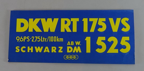 Originales Preisschild / Verkaufsbild DKW RT 175 VS mit 9,6 PS