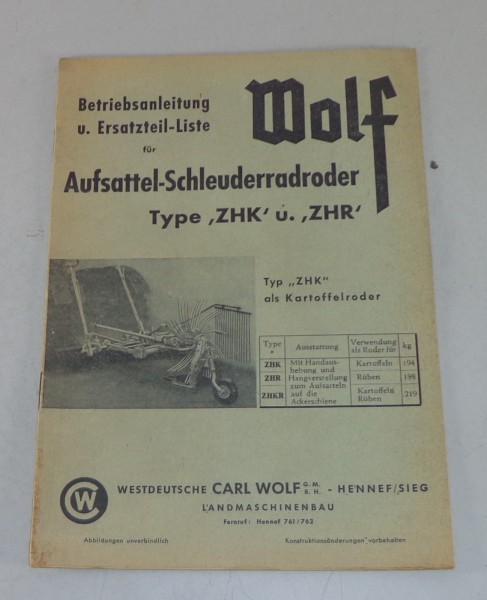 Betriebsanleitung + Teilekatalog Wolf Aufsattel Schleuderradroder ZHK / ZHR