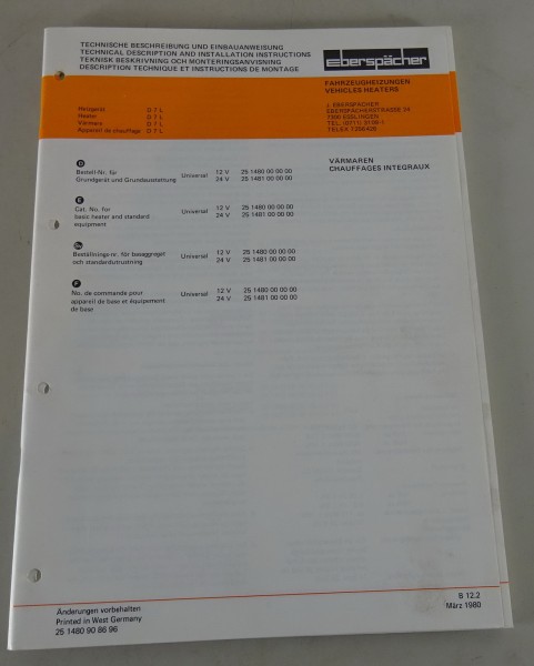 Technische Beschreibung/Einbauanweisung Eberspächer Heizgerät D7L Stand 03/1980