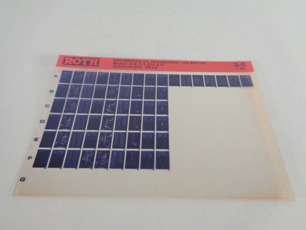 Microfich Teilekatalog Roth Rasenmäher Modell 210, 211, 212, 213 von 02/1985