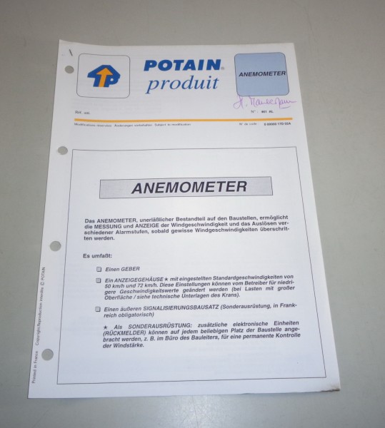 Produkt Datenblatt Potain Anemometer für Krane