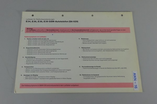 Leitfaden Fehlersuche BMW E34 / E36 / E38 / E39 GSM-Autotelefon Stand 12/1996