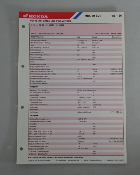 Inspektionsblatt / Wartungsplan Honda MBX 50 SD Baujahr 1985 - 1986