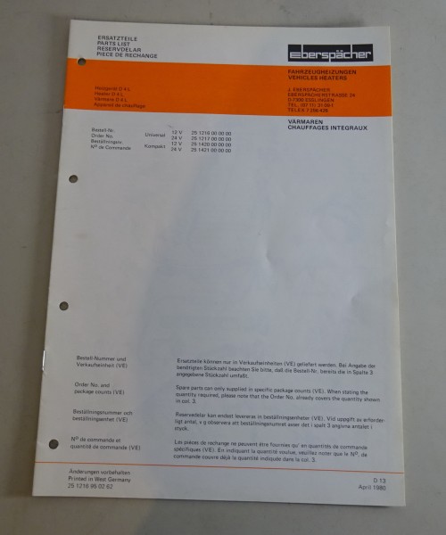 Teilekatalog / Ersatzteilliste Eberspächer Heizgeräte D4L Stand 04/1980
