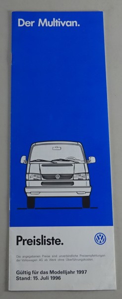 Preisliste / Broschüre VW Bus T4 Multivan Stand 07/1996 Modelljahr 1997