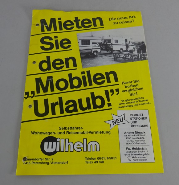 Prospekt Wilhelm Selbstfahrer- / Wohnwagen- & Reisemobil-Vermietung ca. 1980er