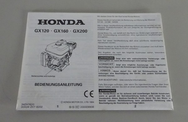 Betriebsanleitung / Handbuch Honda Motor GX120 / GX160 / GX200 Stand 1994