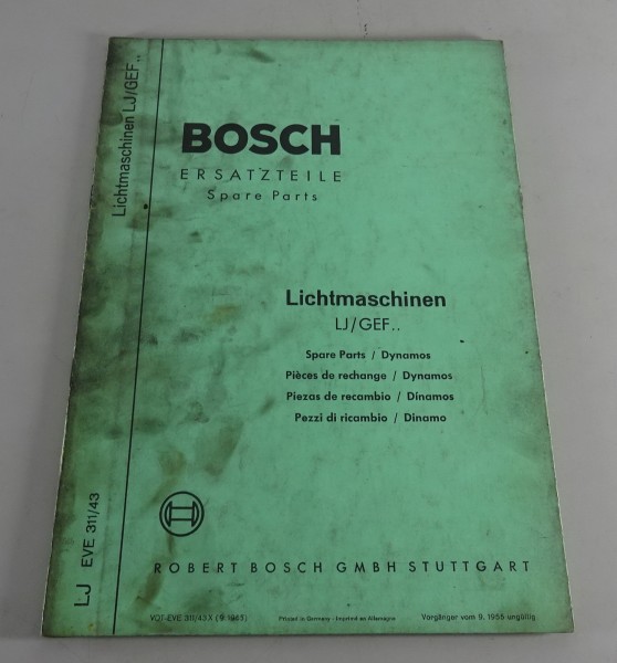 Teilekatalog Bosch Lichtmaschinen LJ / GEF Stand 09/1965