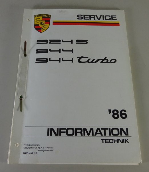 Technische Information Porsche 924 S + 944 Turbo Modelljahr 1986 Stand 08/1985