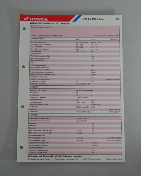 Inspektionsblatt / Wartungsplan Honda NH 80 MS Baujahr 1983