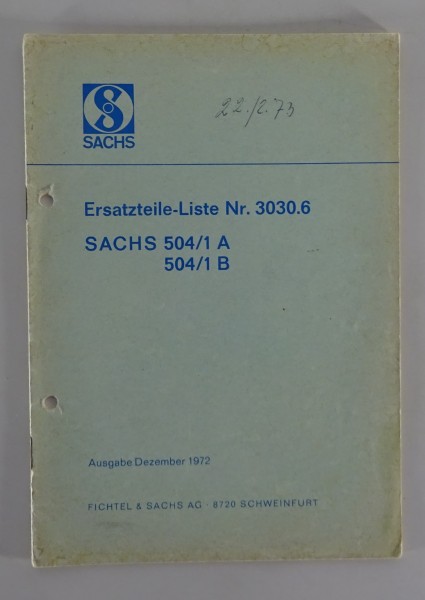 Teilekatalog Sachs Motor 504/1 A / 504/1 B Stand 12/1972