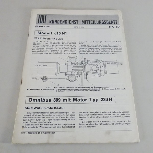 Werkstatthandbuch Fiat Bus 309 Motor Kundendienst Mitteilung von 01/1963