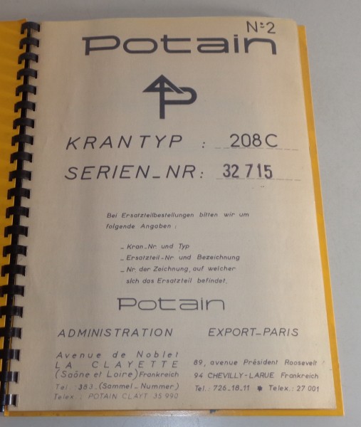 Teilekatalog / Liste des pièces détachées Potain 208 C Kran / grue Stand 03/1970