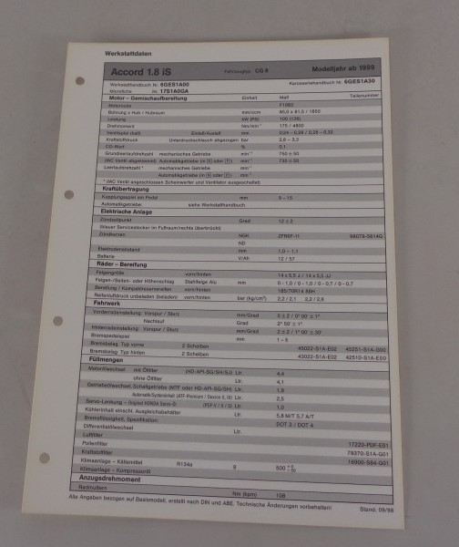 Inspektionsblatt Honda Accord 1.8 iS Typ CG8 Modelljahr ab 1999