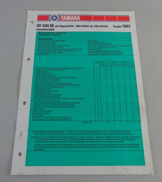 Inspektionsblatt Yamaha XV 500 SE Baujahr 1983