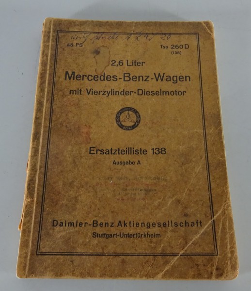 Teilekatalog Mercedes-Benz W138 260D mit OM 138 Dieselmotor 2,6 Liter von 1/1937