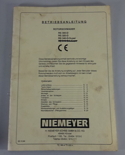 Betriebsanleitung Niemeyer Rotorschwader RS 300-D / 320-D / 340-D-Super 10/1994