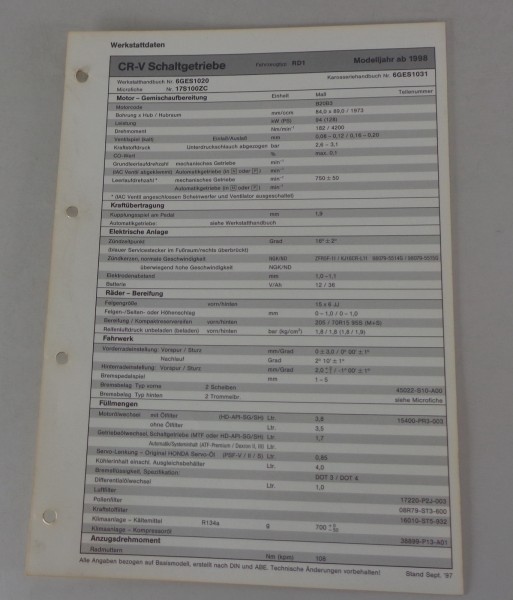 Inspektionsblatt Honda CR-V Schaltgetriebe Typ RD1 Modelljahr ab 1998