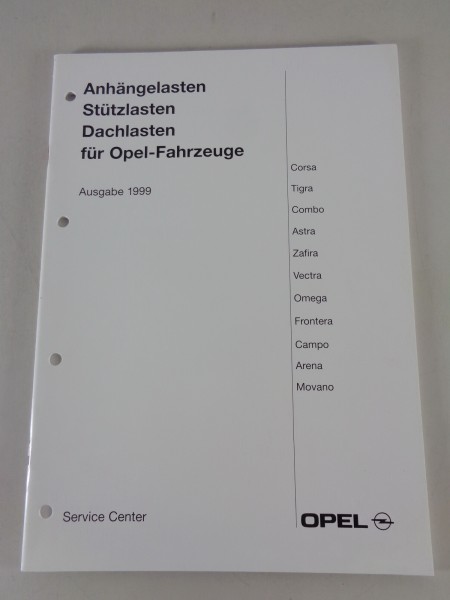 Technische Info Stütz-, Dach- und Anhängelasten für Opel Fahrzeuge Stand 11/1999