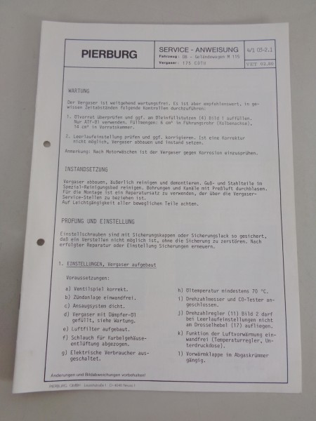Wartungsanleitung Pierburg Vergaser 175 CDTU für Mercedes Benz W460 von 02/1980