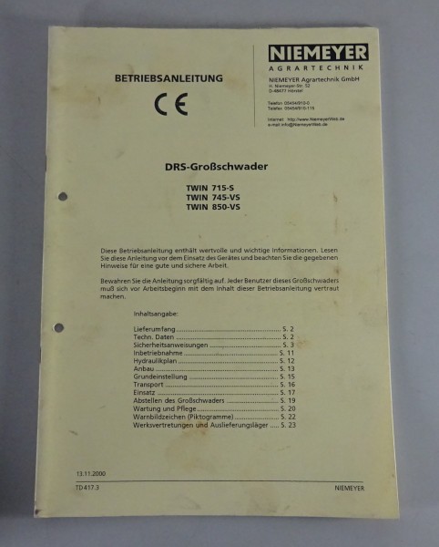 Betriebsanleitung Niemeyer DRS-Großschwader TWIN 715-S / 745-VS / 850-VS 11/2000