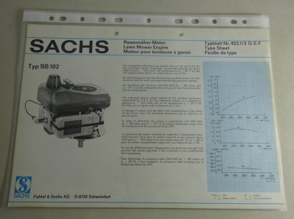 Typenblatt /Technische Daten Sachs Typ SB102 Stand 06/1978 Blattnr.423,1/3 D-E-F