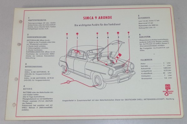 Shell Schmierplan für Simca 9 Aronde