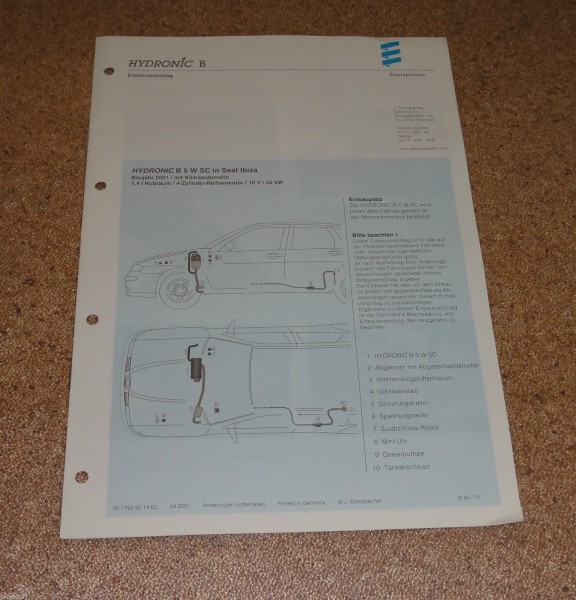Einbauanleitung Eberspächer Standheizung B 5 W SC für Audi A3 Stand 08/1998