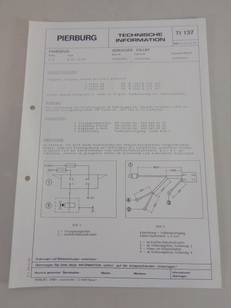 Technische Information Pierburg Vergaser 175 CDT für Mercedes W115 von 02/1982